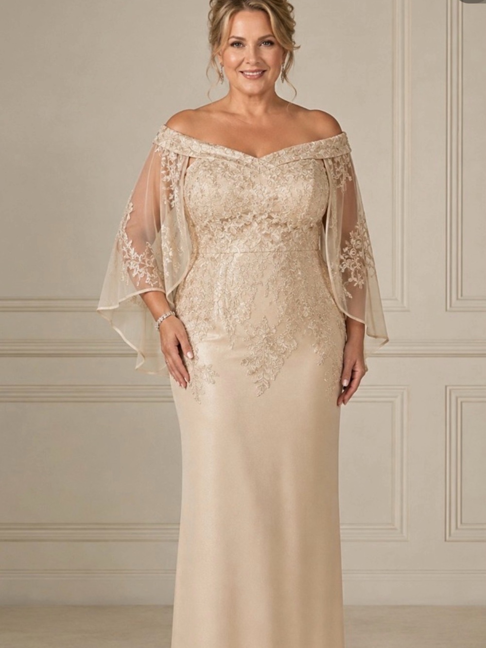Elegant Off-Shoulder mother of bride Evening Dress in Champagne